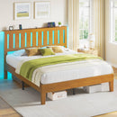 Rolanstar Queen Bed Frame with Headboard, Solid Wood Bed Frame Foundation with Wood Slat Support, Charging Station & LED Lights, No Box Spring Needed, Pine