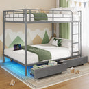 Rolanstar Metal Bunk Bed Full Over Full with USB Charging Station, LED Bunk Bed with 2 Storage Drawers, Bed with Safety Guardrail & Ladders, No Box Spring Needed, Easy Assembly, Grey