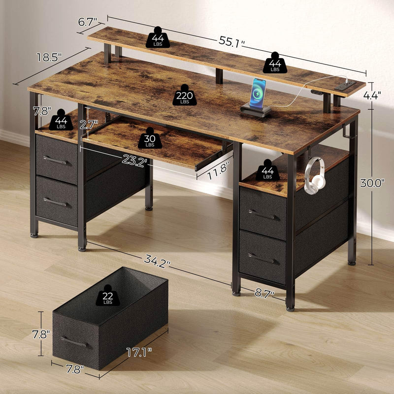Seventable Computer Desk 55.1" with LED Lights & Power Outlets, Home Office Desk with 4 Drawers, Writing Desk with Keyboard Tray, Study Table with Monitor Stand, Work Table for Office, Rustic Brown