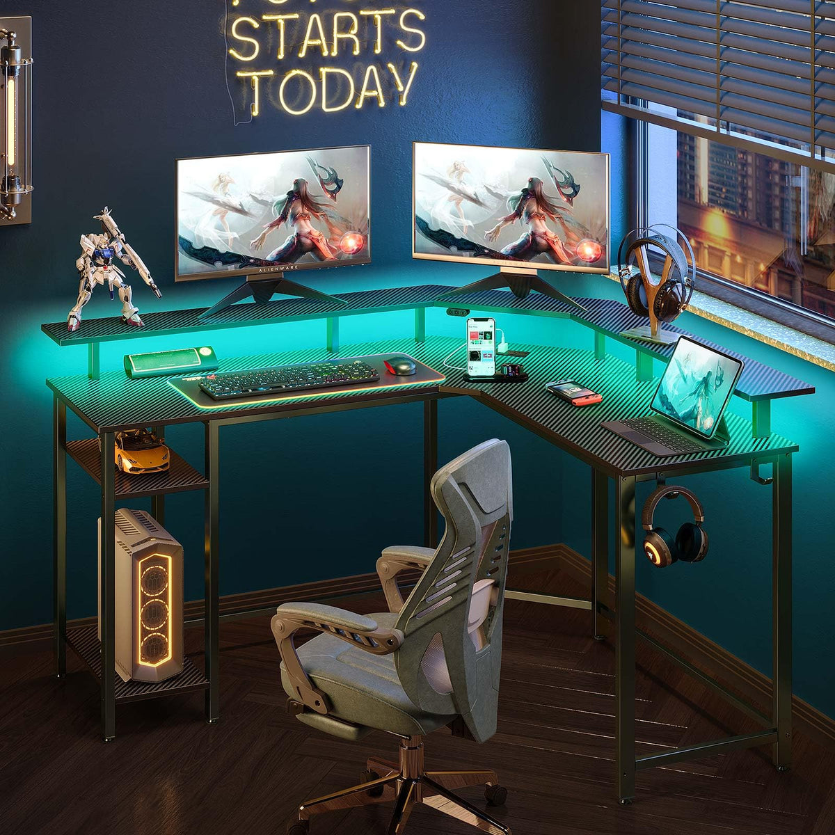 Rolanstar L Shaped Gaming Desk with LED Lights & Power Outlets, 46.2