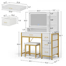 Rolanstar Vanity Desk with Mirror and Lights, Makeup Vanity with Upholstered Vanity Stool, 4 Drawers, Power Outlets, Vanity Set with 4 Compartments for Bedroom White and Gold