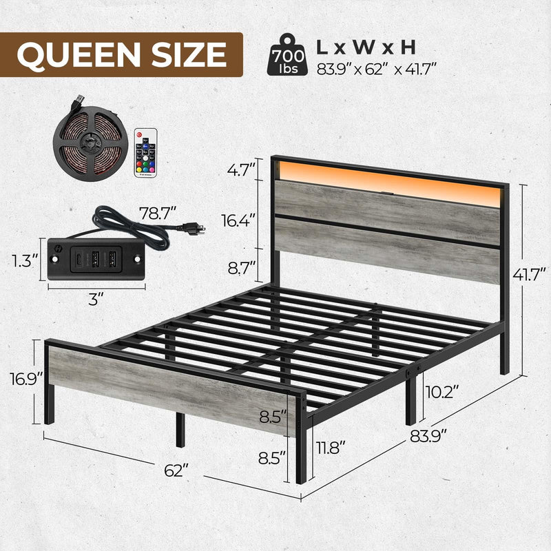 Rolanstar Queen Bed Frame with Headboard, Bed Frame Queen with LED Lights, Camas Queen Size Bed with Charging Station, Solid Metal Slats, Noise Free, No Box Spring Needed, Grey
