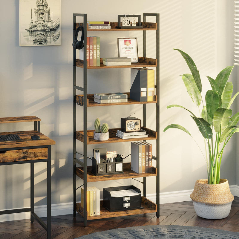 Rolanstar Bookshelf 6 Tier with 4 Hooks, Industrial Bookcase, Vintage Storage Rack with Open Shelves, Rustic Standing Bookshelves Metal Frame Display Rack for Living Room, Bedroom, Rustic Brown