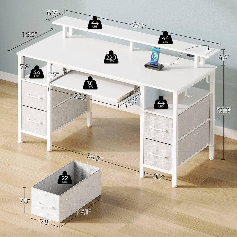 Seventable Computer Desk 55.1" with LED Lights & Power Outlets, Home Office Desk with 4 Drawers, Writing Desk with Keyboard Tray, Study Table with Monitor Stand, Work for Home Office, White