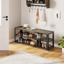 Rolanstar Shoe Bench, 3-Tier Shoe Rack, 39.4” Storage Entry Bench with Mesh Shelves Wood Seat, Rustic Foyer Bench for Hallway Front Door, Doorway, Living Room, Mudroom, Steel Frame, Gray