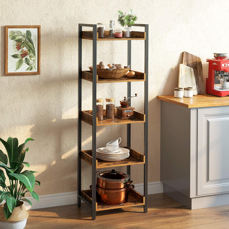 thumbnail image 2 of Rolanstar 5-Tier Industrial Bookshelf With 4 Hooks - Rustic Brown Wood & Metal Storage Shelf For Living Room, Bedroom 2 of 6