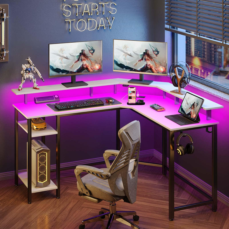 Rolanstar L Shaped Gaming Desk with LED Lights & Power Outlets, 46.2" Computer Desk with Full Monitor Stand & Storage Shelf, Corner Desk with Hooks, White Desk Reversible