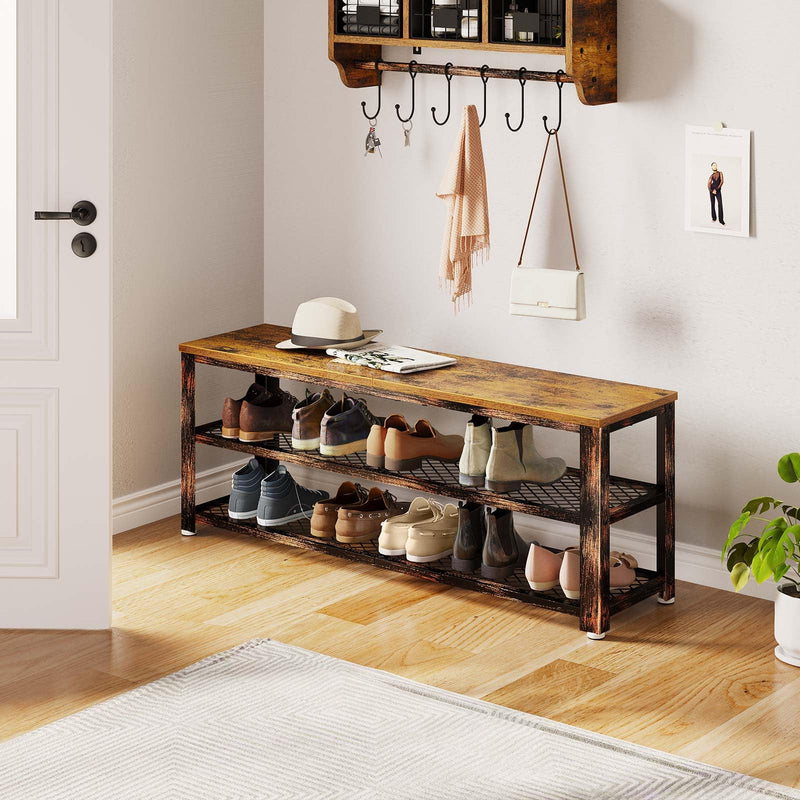 Rolanstar Shoe Bench, 3-Tier Shoe Rack, 28.7” Storage Entry Bench with Mesh Shelves Wood Seat, Rustic Foyer Bench for Hallway Front Door, Doorway, Living Room, Mudroom, Steel Frame, Rustic Brown