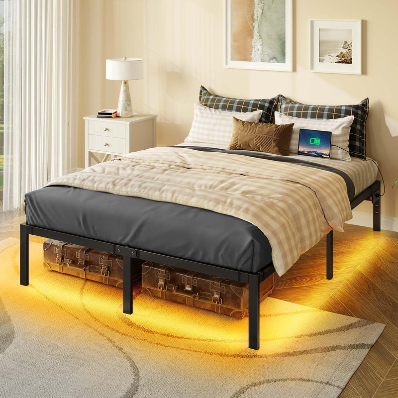 Rolanstar Bed Frame with USB Charging Station, Queen Bed Frame with LED Lights, Platform Bed Frame with Heavy Duty Steel Slats, 14" Storage Space Beneath Bed