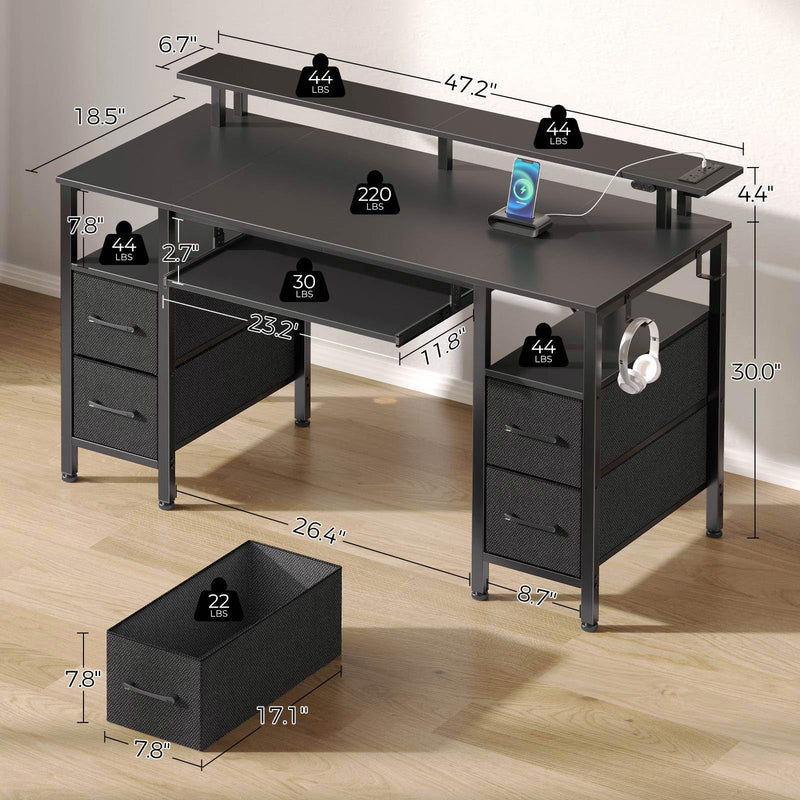 Seventable Computer Desk 47.2" with LED Lights & Power Outlets, Home Office Desk with 4 Drawers, Writing Desk with Keyboard Tray, Study Table with Monitor Stand, Work Desks for Home Office, Black