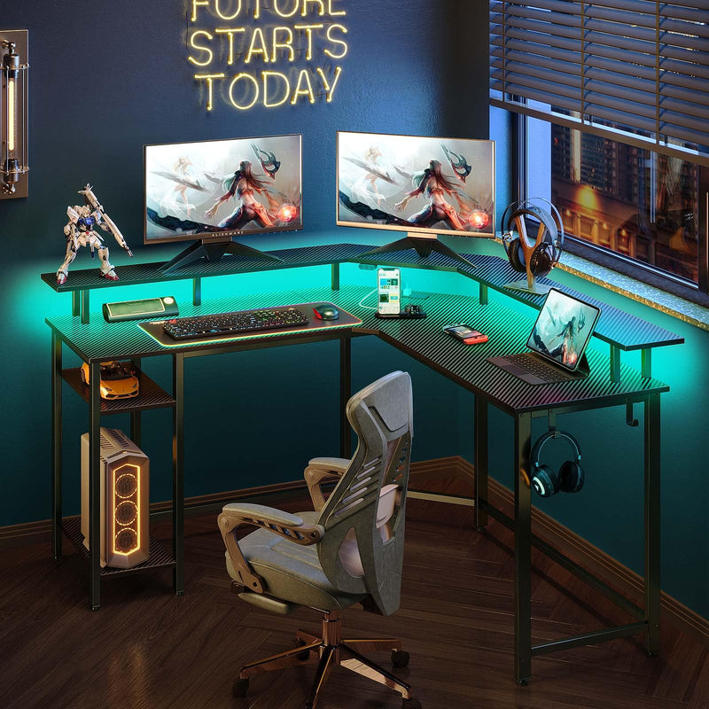 Rolanstar L Shaped Gaming Desk with LED Lights & Power Outlets, 53" Computer Desk with Full Monitor Stand & Storage Shelf, Corner Desk with Hooks, Carbon Fiber Desk Reversible Visit the Rolanstar Store