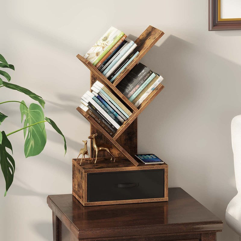 Rolanstar Bookshelf with Drawer, 4 Shelf Tree Bookshelf, Wooden Bookshelves Storage Rack for CDs/Movies/Books, Rustic Brown Bookcase, Utility Organizer Shelves for Living Room, Bedroom