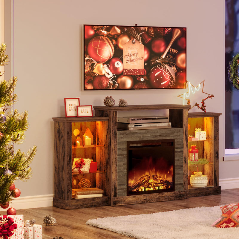 Rolanstar Fireplace TV Stand with Led Lights and Power Outlets, TV Console for 32" 43" 50" 55" 65", Entertainment Center with Adjustable Glass Shelves, Rustic Brown