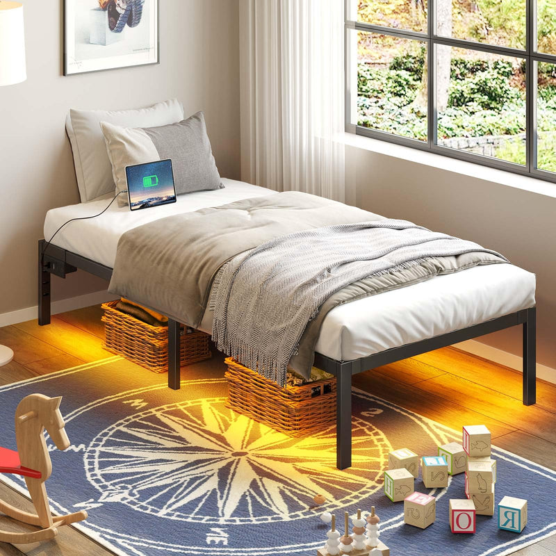 Rolanstar Bed Frame with USB Charging Station, Twin Bed Frame with LED Lights, Platform Bed Frame with Heavy Duty Steel Slats, 14" Storage Space Beneath Bed