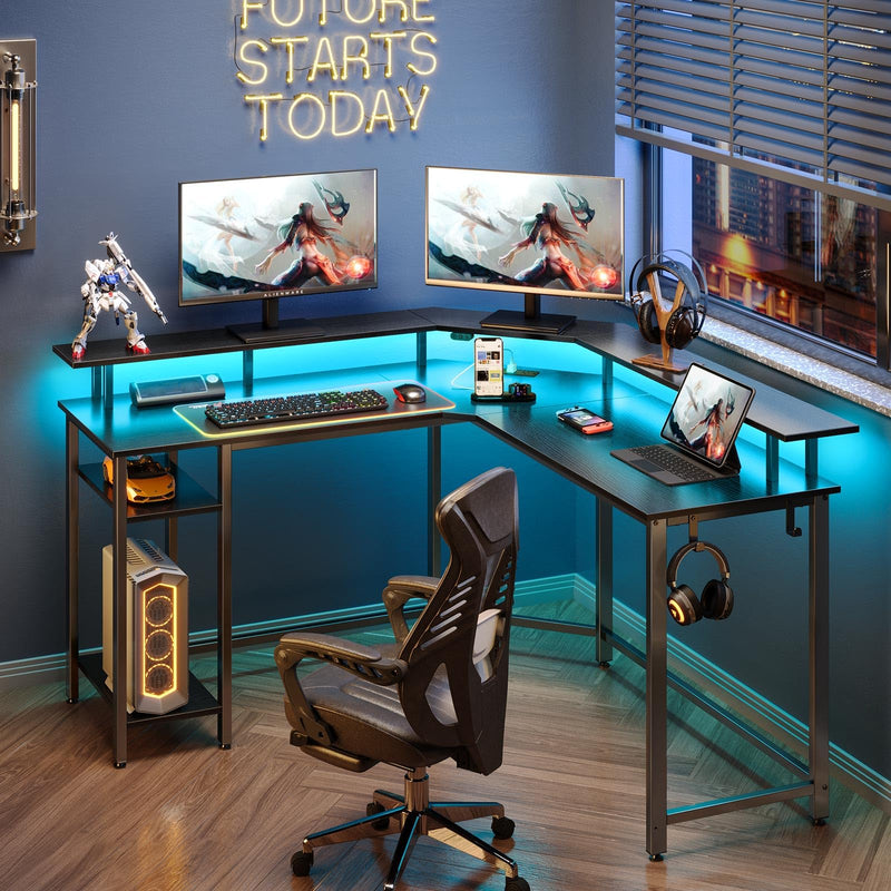 Rolanstar L Shaped Gaming Desk with LED Lights & Power Outlets, 53" Computer Desk with Full Monitor Stand & Storage Shelf, Corner Desk with Hooks, Black Desk Reversible