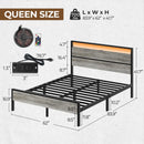 Rolanstar Queen Bed Frame with Headboard, Bed Frame Queen with LED Lights, Camas Queen Size Bed with Charging Station, Solid Metal Slats, Noise Free, No Box Spring Needed, Grey