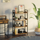 Rolanstar Bookshelf 4 Tier with 4 Hooks, Industrial Bookcase, Vintage Storage Rack with Open Shelves, Rustic Standing Bookshelves Metal Frame Display Rack for Living Room, Bedroom, Rustic Brown