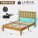 Rolanstar Twin Bed Frame with Headboard, Solid Wood Bed Frame Foundation with Wood Slat Support, Charging Station & LED Lights, No Box Spring Needed, Pine