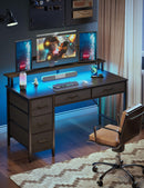 Seventable Computer Desk with Power Outlets & LED Light, 47 inch Home Office Desk with 5 Drawers, Writing Desk with Monitor Stand, Work Desk for Home Office, Black