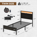 Rolanstar Twin Bed Frames with Headboard, Twin Bed with LED Lights, Camas Twin Size Bed with Charging Station, Solid Metal Slats, Noise Free, No Box Spring Needed, Black