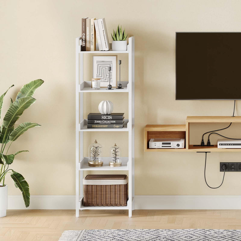 Rolanstar Bookshelf, 5-Tier Storage Rack, Narrow Corner Bookshelf, Display Wooden Shelves for Living Room, Bathroom, Balcony, Kitchen,White