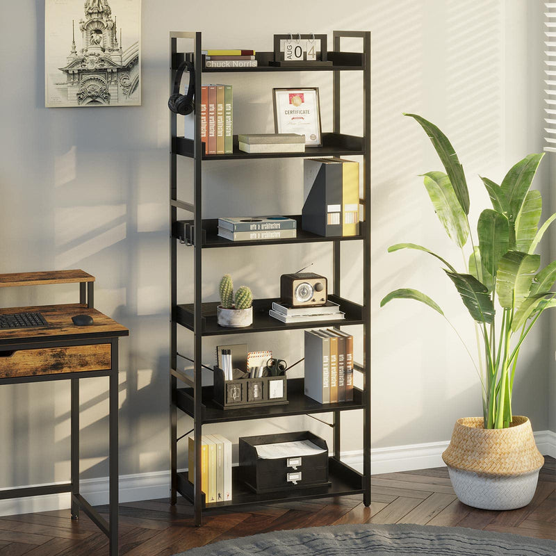 Rolanstar Bookshelf 6 Tier with 4 Hooks, Industrial Bookcase, Vintage Storage Rack with Open Shelves, Rustic Standing Bookshelves Metal Frame Display Rack for Living Room, Bedroom, Black