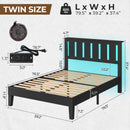 Rolanstar Twin Bed Frame with Headboard, Solid Wood Bed Frame Foundation with Wood Slat SupportCha, rging Station & LED Lights, No Box Spring Needed, Black
