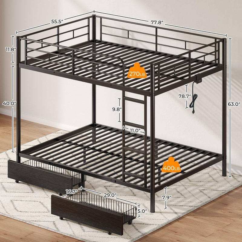 Rolanstar Metal Bunk Bed Full Over Full with USB Charging Station, LED Bunk Bed with 2 Storage Drawers, Bed with Safety Guardrail & Ladders, No Box Spring Needed, Easy Assembly, Black