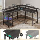Rolanstar L Shaped Gaming Desk with LED Lights & Power Outlets, 46.2" Computer Desk with Full Monitor Stand & Storage Shelf, Corner Desk with Hooks, Carbon Fiber Desk Reversible