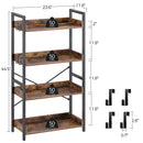 Rolanstar Bookshelf 4 Tier with 4 Hooks, Industrial Bookcase, Vintage Storage Rack with Open Shelves, Rustic Standing Bookshelves Metal Frame Display Rack for Living Room, Bedroom, Rustic Brown
