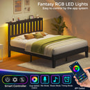 Rolanstar Full Bed Frame with Headboard, Solid Wood Bed Frame Foundation with Wood Slat Support, Charging Station & LED Lights, No Box Spring Needed, Black