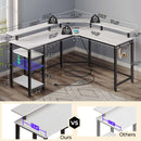 Rolanstar L Shaped Gaming Desk with LED Lights & Power Outlets, 46.2" Computer Desk with Full Monitor Stand & Storage Shelf, Corner Desk with Hooks, White Desk Reversible