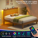 Rolanstar Full Bed Frame with Headboard, Solid Wood Bed Frame Foundation with Wood Slat Support, Charging Station & LED Lights, No Box Spring Needed, Pine