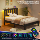 Rolanstar Twin Bed Frame with Headboard, Charging Station and LED Lights, Wooden Bed Frame Foundation with Wood Slat Support, No Box Spring Needed, Black