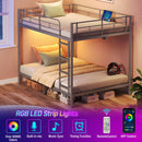 Rolanstar Metal Bunk Bed Twin Over Twin with USB Charging Station, LED Bunk Bed & Space-Saving, Bed with Safety Guardrail & Ladders, No Box Spring Needed, Easy Assembly, Grey