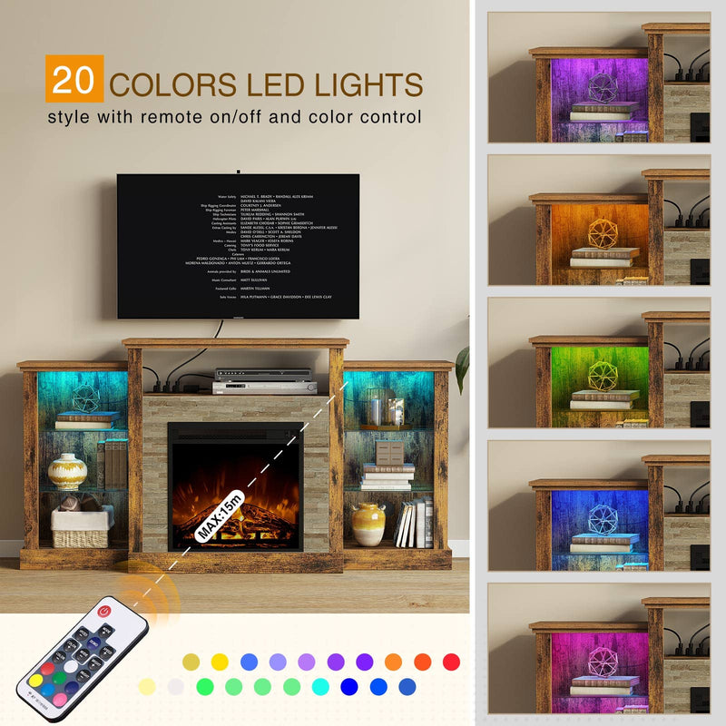 Rolanstar Fireplace TV Stand with Led Lights and Power Outlets, TV Console for 32" 43" 50" 55" 65", Entertainment Center with Adjustable Glass Shelves, Rustic Brown