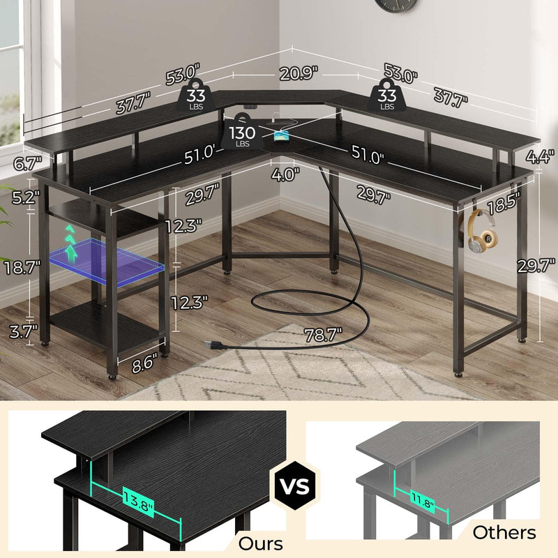Rolanstar L Shaped Gaming Desk with LED Lights & Power Outlets, 53" Computer Desk with Full Monitor Stand & Storage Shelf, Corner Desk with Hooks, Black Desk Reversible