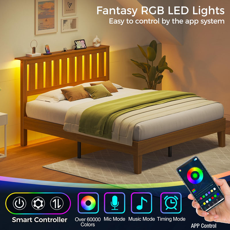 Rolanstar Full Bed Frame with Headboard, Charging Station and LED Lights, Wooden Bed Frame Foundation with Wood Slat Support, No Box Spring Needed, Pine