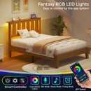 Rolanstar Twin Bed Frame with Headboard, Charging Station and LED Lights, Wooden Bed Frame Foundation with Wood Slat Support, No Box Spring Needed, Pine