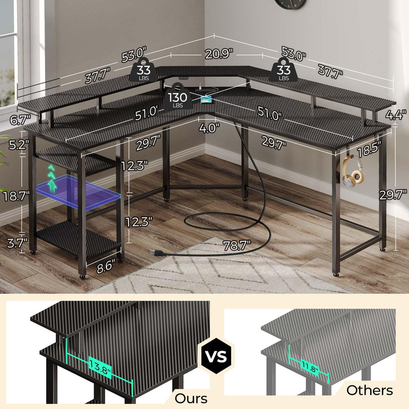 Rolanstar L Shaped Gaming Desk with LED Lights & Power Outlets, 53" Computer Desk with Full Monitor Stand & Storage Shelf, Corner Desk with Hooks, Carbon Fiber Desk Reversible Visit the Rolanstar Store