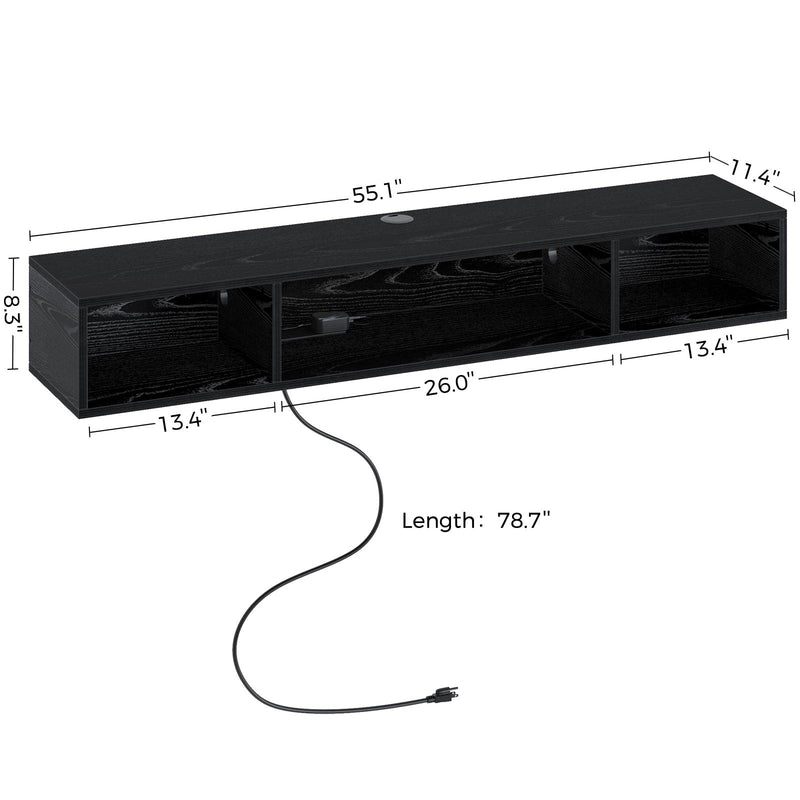 Rolanstar TV Stand with Power Outlet, Floating TV Stand with RGB Lights, 55.1" Wall Mounted TV Shelf, Black Media Console with Storage Shelf, Entertainment Under TV for Living Room, Bedroom