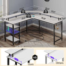 Rolanstar L Shaped Gaming Desk with LED Lights & Power Outlets, 53" Computer Desk with Full Monitor Stand & Storage Shelf, Corner Desk with Hooks, White Desk Reversible