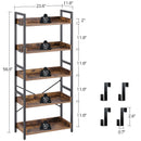 Rolanstar Bookshelf 5 Tier with 4 Hooks, Industrial Wood Bookcase, Vintage Storage Rack with Open Shelves, Rustic Standing Bookshelves Display Rack for Living Room, Bedroom, Rustic Brown