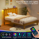 Rolanstar Twin Bed Frame with Headboard, Solid Wood Bed Frame Foundation with Wood Slat Support, Charging Station & LED Lights, No Box Spring Needed, Pine