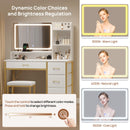 Rolanstar Vanity Desk with Mirror and Lights, Makeup Vanity with Upholstered Vanity Stool, 4 Drawers, Power Outlets, Vanity Set with 4 Compartments for Bedroom White and Gold