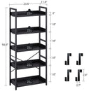 Rolanstar Bookshelf 5 Tier with 4 Hooks, Industrial Wood Bookcase, Vintage Storage Rack with Open Shelves, Rustic Standing Bookshelves Metal Frame Display Rack for Living Room, Bedroom, Black