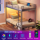 Rolanstar Metal Bunk Bed Full Over Full with USB Charging Station, LED Bunk Bed & Space-Saving, Bed with Safety Guardrail & Ladders, No Box Spring Needed, Easy Assembly, Grey