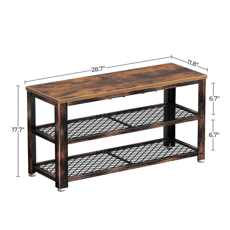 Rolanstar Shoe Bench, 3-Tier Shoe Rack, 28.7” Storage Entry Bench with Mesh Shelves Wood Seat, Rustic Foyer Bench for Hallway Front Door, Doorway, Living Room, Mudroom, Steel Frame, Rustic Brown