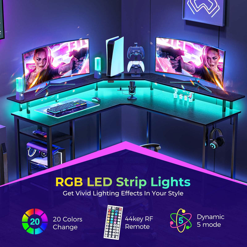 Rolanstar L Shaped Gaming Desk with LED Lights & Power Outlets, 53" Computer Desk with Full Monitor Stand & Storage Shelf, Corner Desk with Hooks, Carbon Fiber Desk Reversible Visit the Rolanstar Store