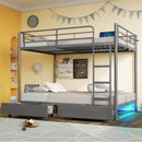 Rolanstar Metal Bunk Bed Full Over Full with USB Charging Station, LED Bunk Bed with 2 Storage Drawers, Bed with Safety Guardrail & Ladders, No Box Spring Needed, Easy Assembly, Grey